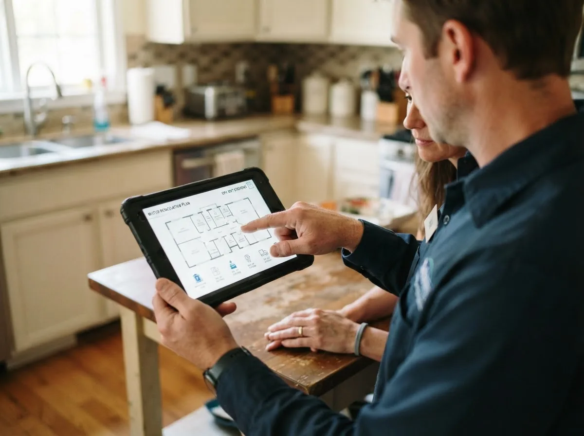 Water damage restoration technician inspecting a home in Carmine, TX